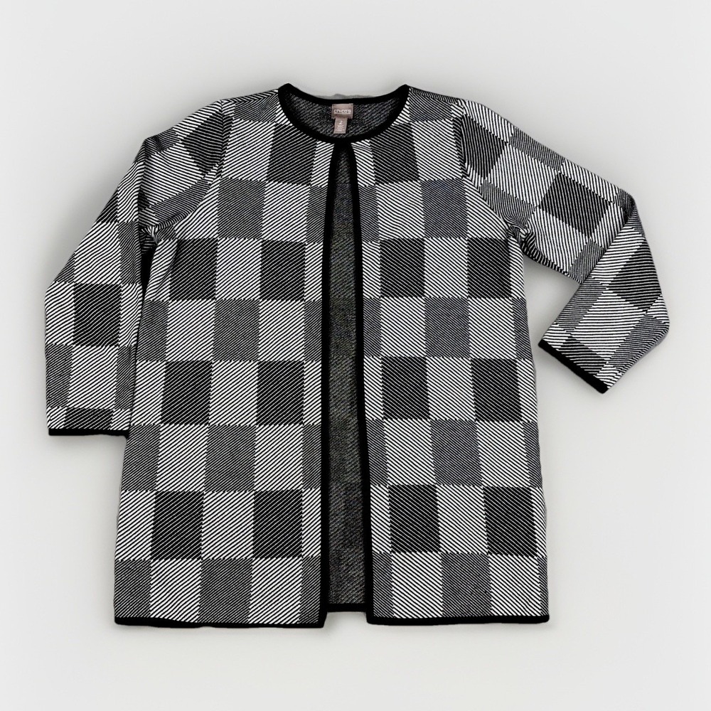 Chico's Cardigan Sweater Womens 2 Black White‎ Checkered Open Front Knit Topper